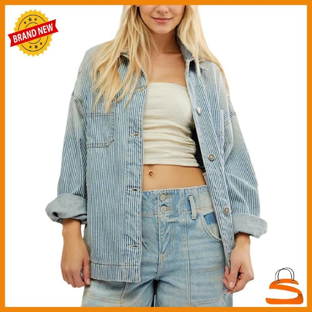 Striped Denim Jacket Long Sleeve Button Front Casual Fall Outfit